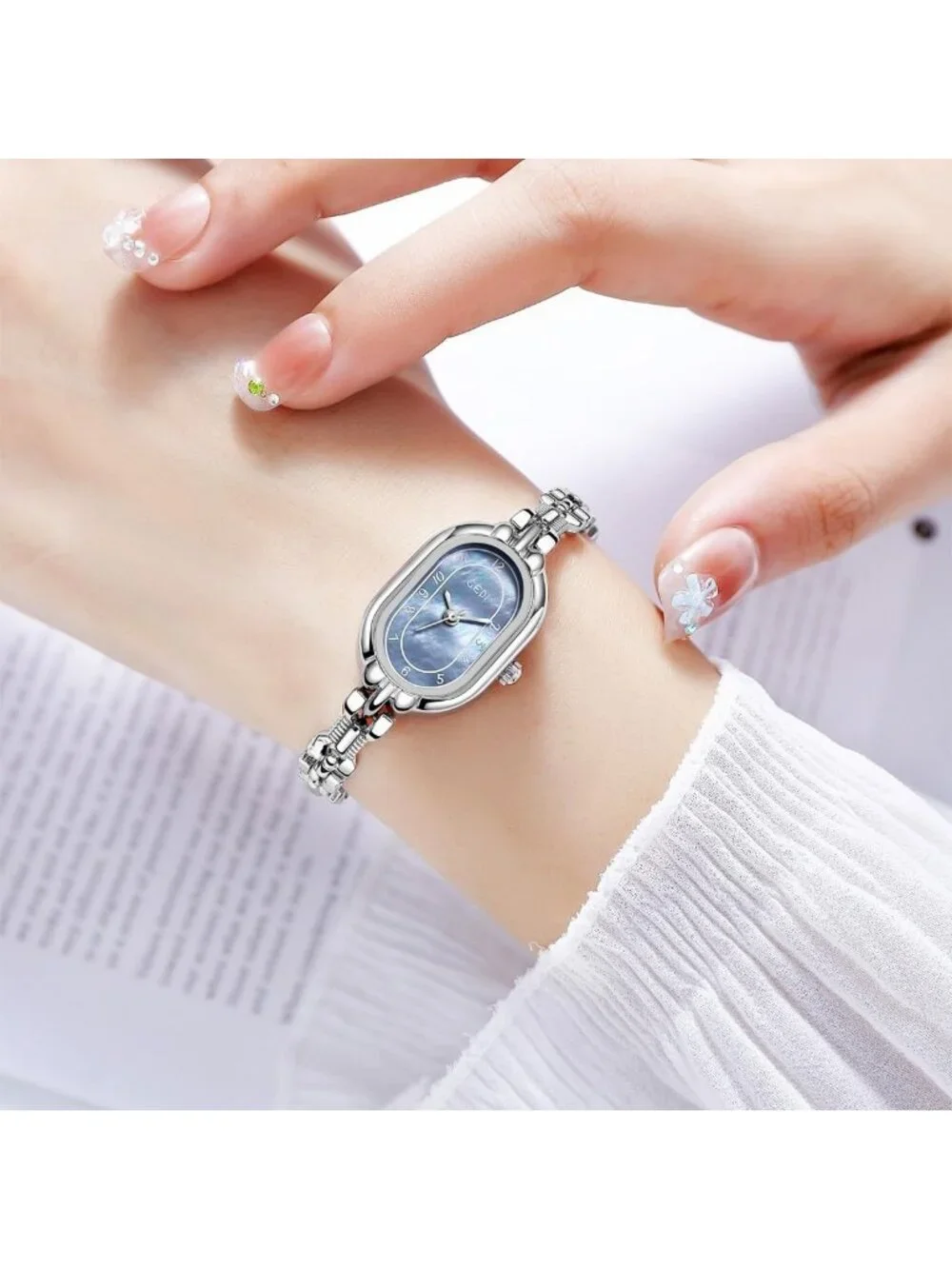 Women's Silver Blue Oval Vintage Bracelet Small Quartz Dress Bangle Analog Watch